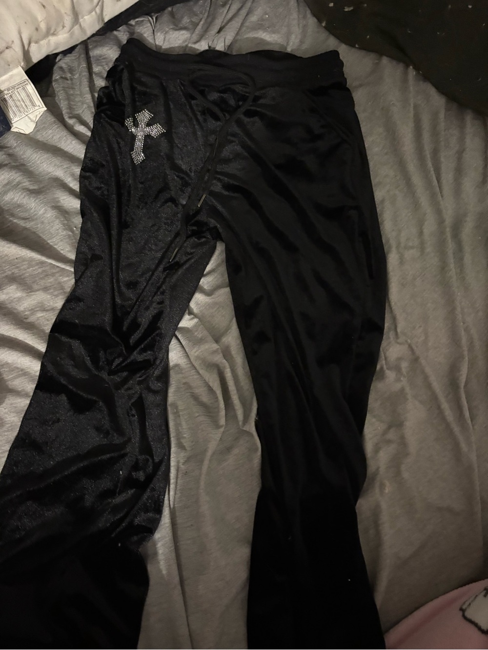 Black Rhinestone Cross Velvet Lounge Pants